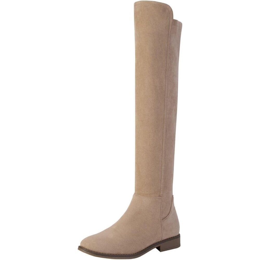 Women Khaki Suede Thigh High Over The Knee Flat Low Heel Long Round Toe Boots
